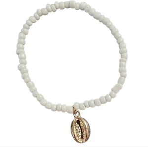 White Beaded Stretch Bracelet with Goldtone Shell Charm